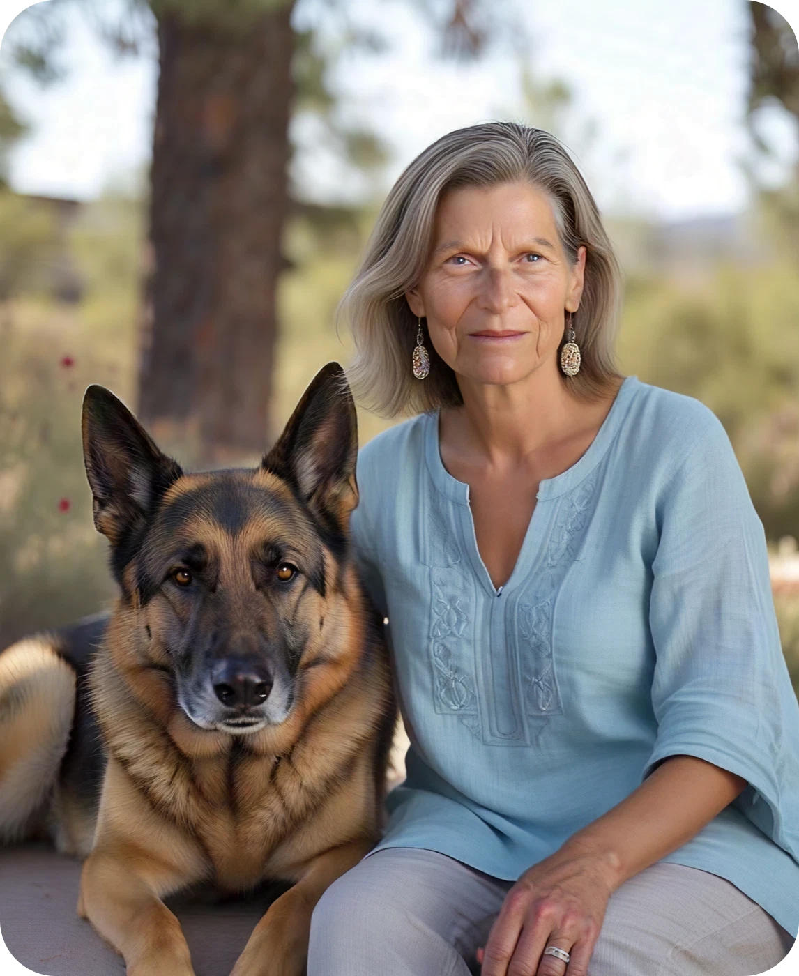 Woman sitting with German Shepherd dog outdoors.