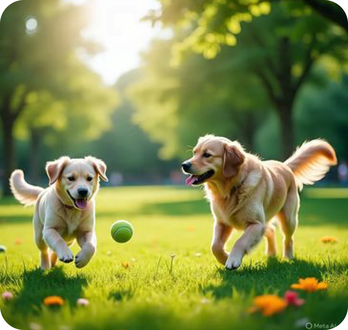 Two dogs playing with a ball outside.