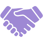 Purple handshake icon on black background.
