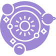 Purple celestial design with circular elements.