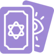 Purple tarot cards with star and eye symbols.