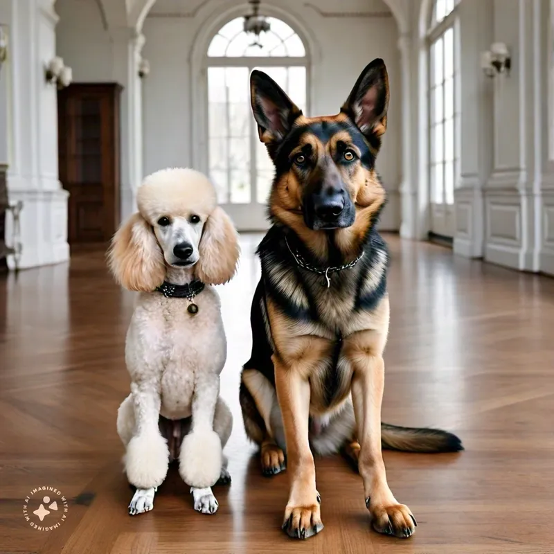 Poodle and German Shepherd in elegant room.