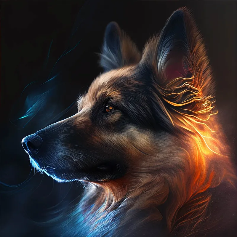 Majestic dog with glowing fur profile.